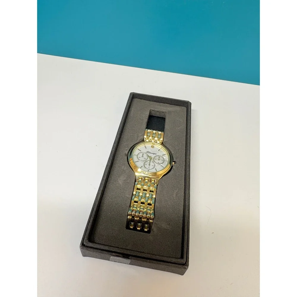 Classique Gold Tone Chronograph Style Watch Mother of Pearl Face Stainless Steel